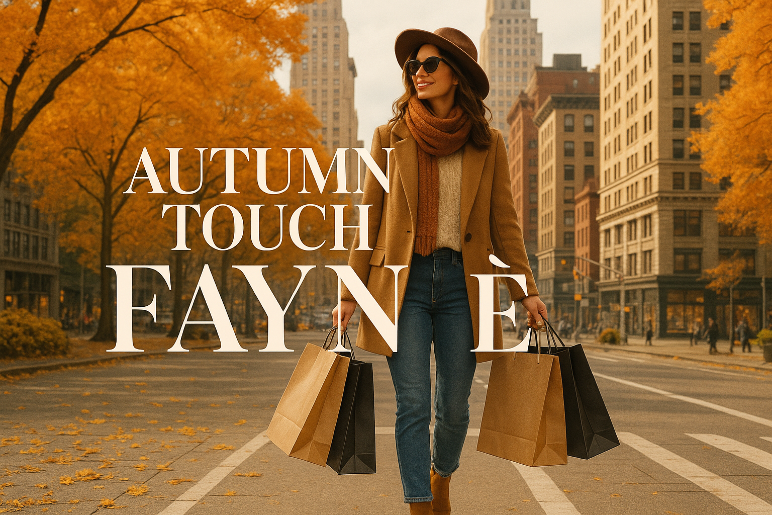 UNA DONNA VESTITA CASUAL DI MONA IN CENTRO DEL NEW YORK DI AUTUMNO CON GLI SACHETTI DI CHIPING IN MANO E SCRITTA AUTUMN TOUCH FAYNÉ SUL IMAGINE